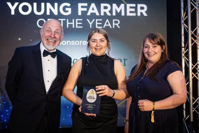 Poppy Jones with awards host Simon Evans and Jennifer Lock of Boehringer Ingelheim