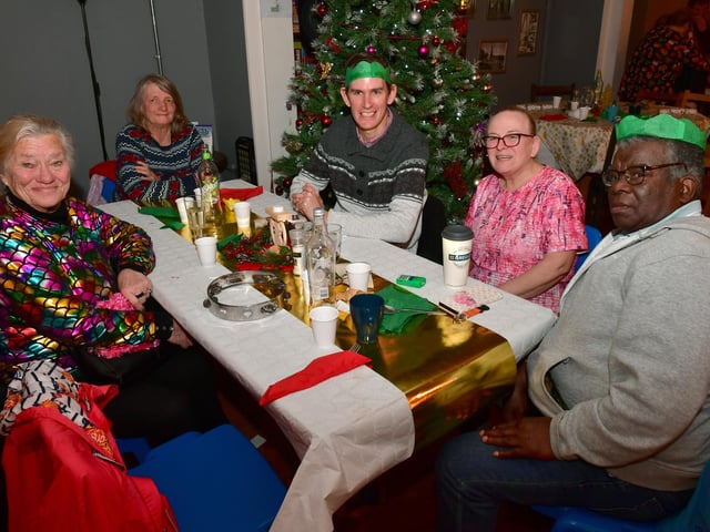 Patricia Young, Anita Ward, Philip Chapman, Kay Myles and Glen Myles at the Skegnes Storehouse community meal.