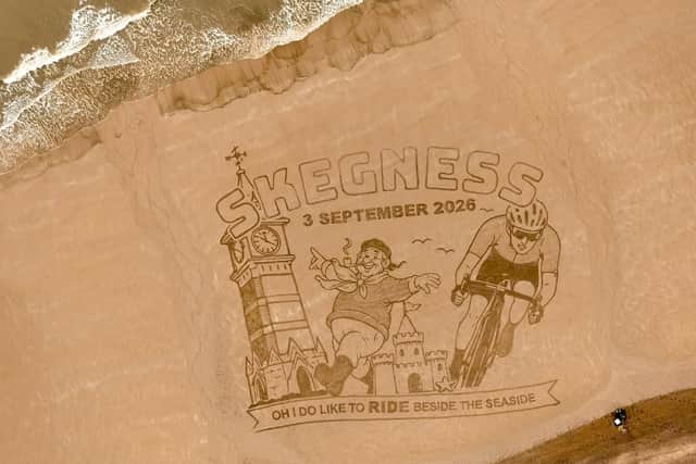 A drone shot of the sand art, depicting the Tour of Britain Men's Race in Skegness.