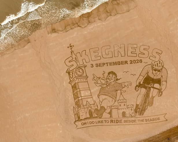 A drone shot of the sand art, depicting the Tour of Britain Men's Race in Skegness.
