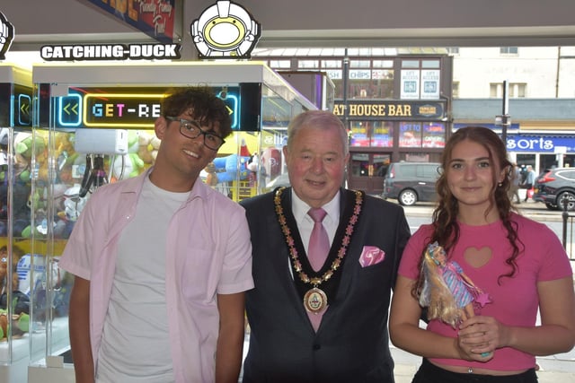 Mayor of Skegness Coun Pete Barry with Teen Spirit marketing team Georgie Harkus and Theo Griffiths.