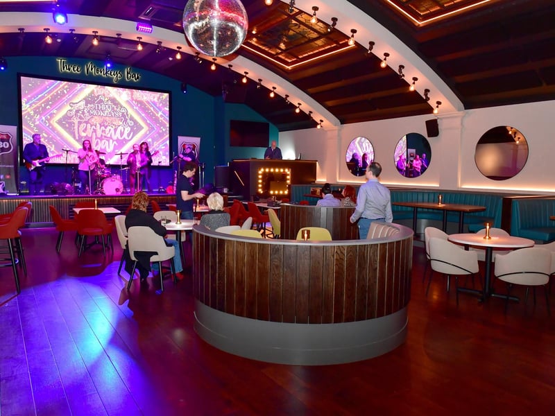 The band prepares to entertain the first customers in the Terrace Bar.