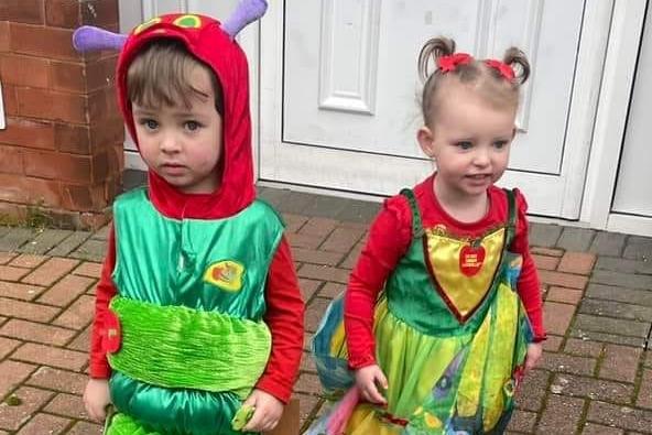 Callum and Skylar as the Very Hungry Caterpillar and beautiful butterfly.