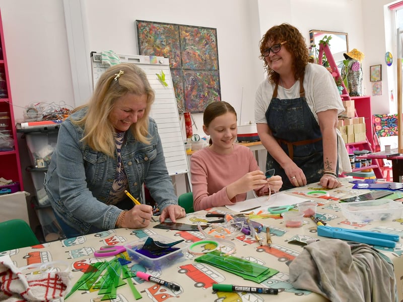 Glass cutting and copper foiling workshop with Pix Glass Design. L-R Jane Bradshaw with her grand daughter, Taylor Bradshaw 11 of Sleaford, Vikki Buss of Pix Glass Design