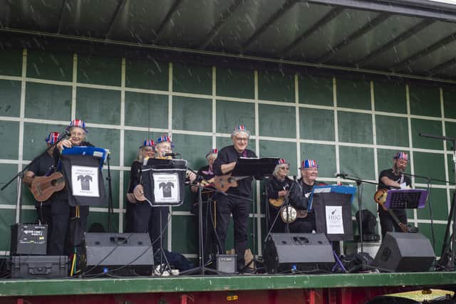 Horncastle Ukulele group playing at the Coronation event.