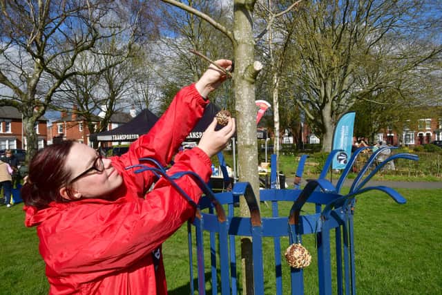 Sophie Arnold of Transported, hanging up a pine cone seed bomb.