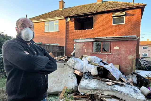 Graham Nicholls pictured outside his fire-devastated home in Sutterton today (Wednesday).