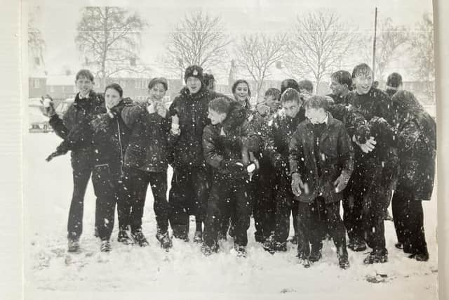 Banovallum students on a snowy day from 1995, sent in by Luke Cawdell.