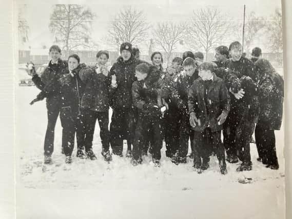 Banovallum students on a snowy day from 1995, sent in by Luke Cawdell.