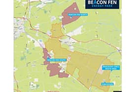 A map of the proposed area and layout for the Beacon Fen solar energy park.