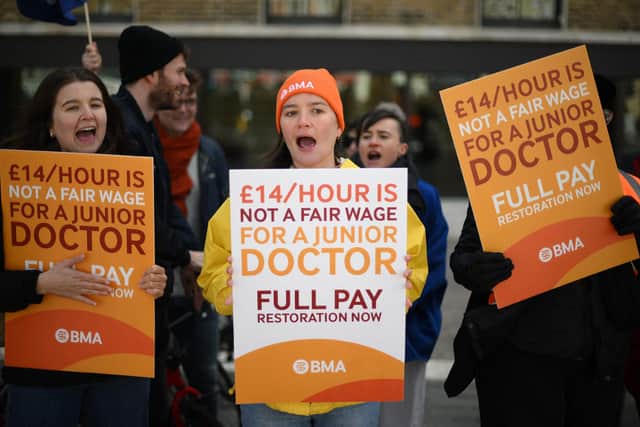 A picket line outside the Royal London Hospital amid a strike by junior doctors (Picture: Daniel Leal/AFP via Getty Images)
