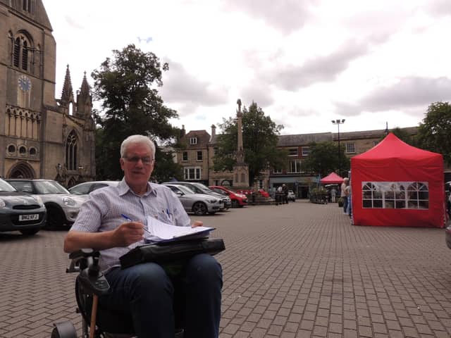 Petitioning campaigner Anthony Henson in Sleaford Market Place.