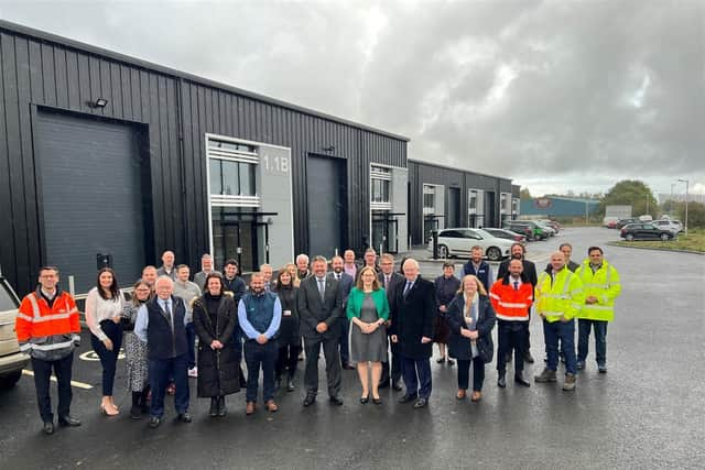 The Council Leader, Deputy Leader and Executive Members, council officers, contractors involved in the build and local representatives including MP for Sleaford and North Hykeham Dr Caroline Johnson all met onsite on Thursday November 2 to officially mark handover of the phase one units to North Kesteven District Council from contractors Smith Construction and Harlaxton Engineering. Photo: NKDC