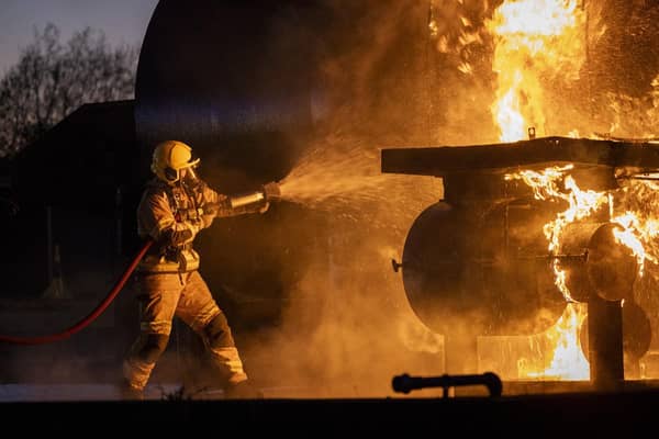 An RAF Coningsby firefighter in action. Photo: Sgt Nicholas Egan RAF