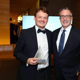 NFTS graduate Jason Elliott with Academy of Motion Picture Arts and Sciences CEO Bill Kramer at the Student Academy Awards.