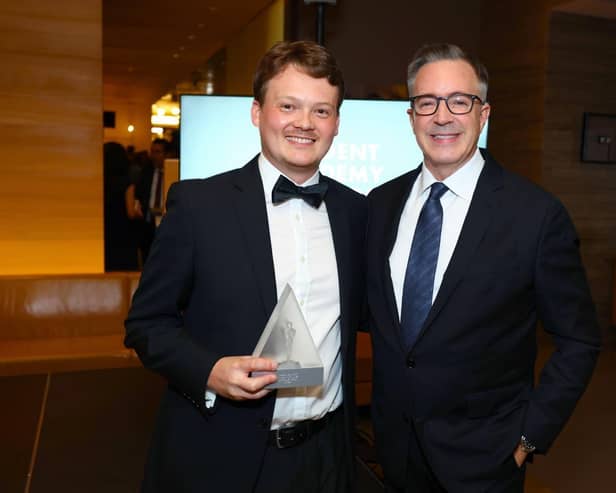 NFTS graduate Jason Elliott with Academy of Motion Picture Arts and Sciences CEO Bill Kramer at the Student Academy Awards.