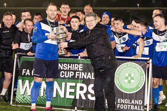 Boston Town celebrate after winning the 2022-23 Lincs Senior Trophy