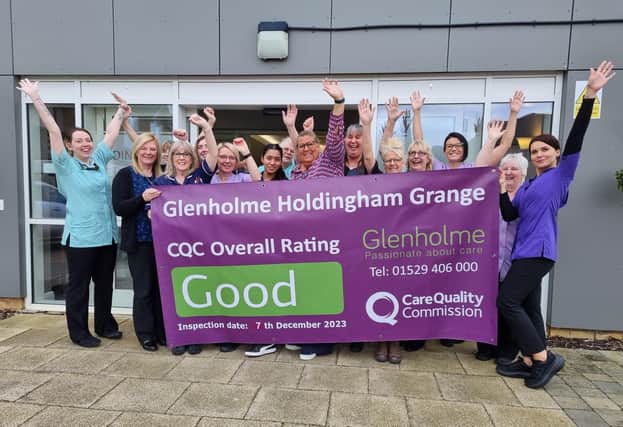 Staff and managers celebrate their 'Good' rating at Glenholme Holdingham Grange care home.