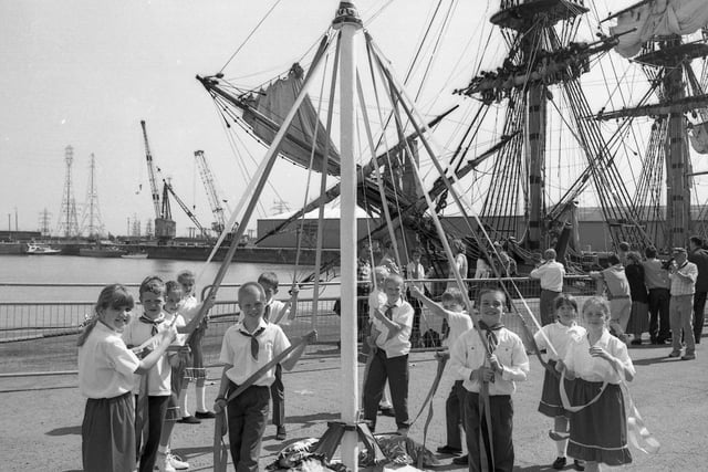 Wyberton Primary School pupils danced around the maypole on the dock side to welcome the Endeavour into Boston.