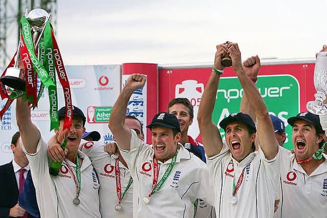 Michael Vaughan holds aloft the replica of the Ashes trophy as England celebrate their iconic 2005 Ashes win. AFP PHOTO ADRIAN DENNIS (Photo: ADRIAN DENNIS/AFP via Getty Images)