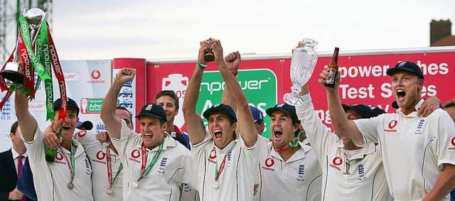 Michael Vaughan holds aloft the replica of the Ashes trophy as England celebrate their iconic 2005 Ashes win. AFP PHOTO ADRIAN DENNIS (Photo: ADRIAN DENNIS/AFP via Getty Images)
