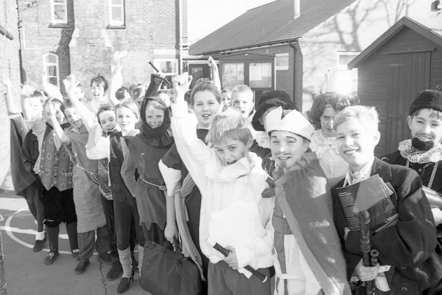 One of four photographs of Gipsey Bridge Primary School pupils celebrating the Millennium by dressing as famous figures from the previous 1,000 years for a march led by Richard the Lionheart.