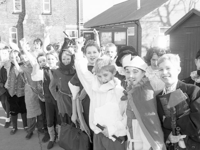 One of four photographs of Gipsey Bridge Primary School pupils celebrating the Millennium by dressing as famous figures from the previous 1,000 years for a march led by Richard the Lionheart.