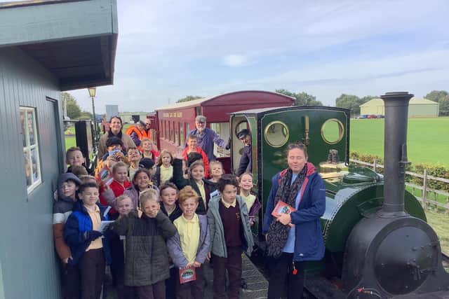 Full steam ahead for pupils from Richmond School, Skegness, with 1903-vintage steam locomotive Jurassic at Walls Lane station, Ingoldmells, in the Skegness Water
Leisure Park, during their visit to learn how narrow gauge railways shaped the world.