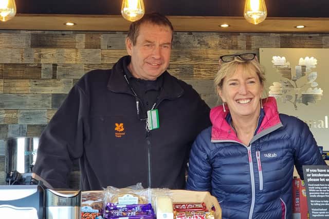 Hilary McGrady with Sandilands Food and Beverage Manager Simon Miles at Sandilands temporary cafe. Photo: National Trust