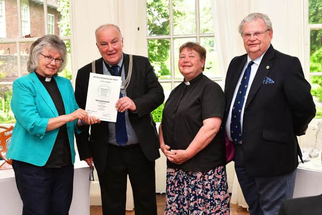Joint third place winner: Blenkin Memorial Hall. Pictured, from left, area: the Rev. Sally Clifton, Boston Mayor, Associate Rector Jane Robinson, and Dudley Bryant.