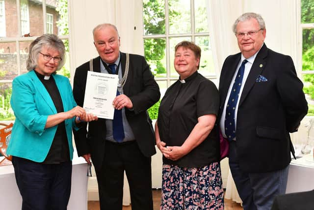 Joint third place winner: Blenkin Memorial Hall. Pictured, from left, area: the Rev. Sally Clifton, Boston Mayor, Associate Rector Jane Robinson,  and Dudley Bryant.