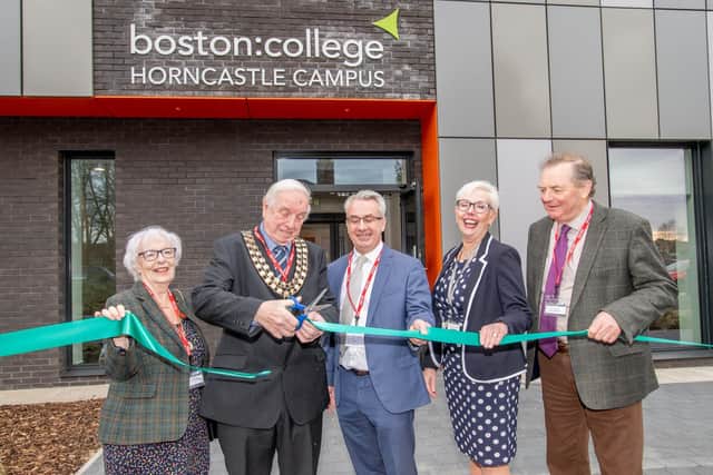 Cutting the ribbon, from left: Mayoress Priscilla Burbidge, Mayor Brian Burbidge, Simon Telfer Chair LEP (Greater Lincolnshire's Employment and Skills Advisory Panel), Peter Cropley, Chair of Governors.