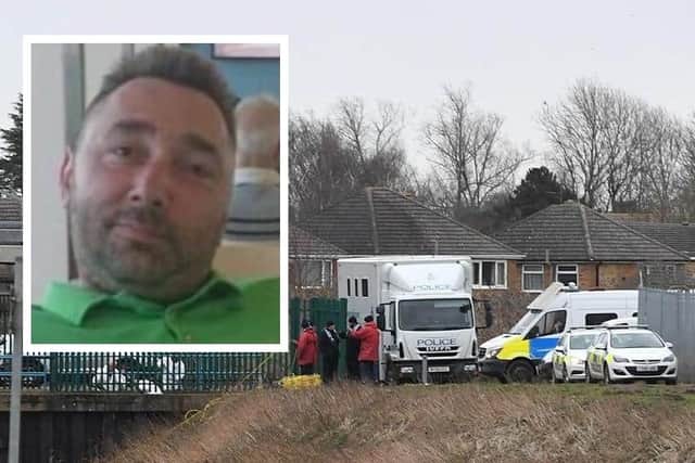 Police at the scene where Marcin Stolarek's body was found. Inset: Mr Stolarek.