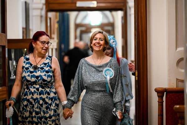 Reform UK's Dame Andrea Jenkyns, accompanied to the count by her sister