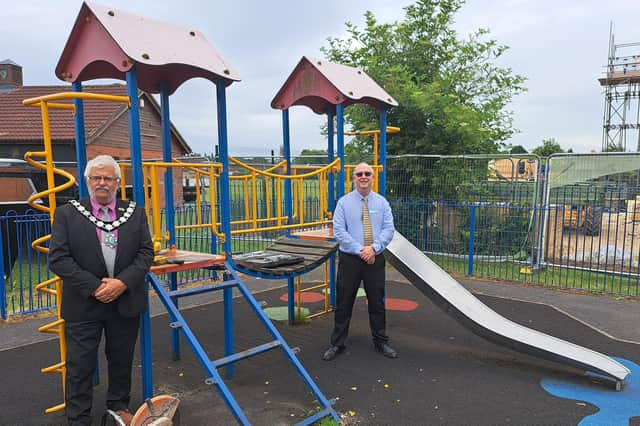 Mayor Coun Tim Davies and council leader, Coun Richard Craig, at the Hickman Bacon Park in Gainsborough