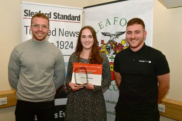 Community Award winner Jenny Clifford could not make it on the night and so a colleague from William Alvey School collected it for her, pictured with representatives from Castle Print.