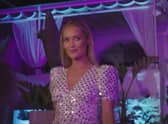 Love Island host Laura Whitmore arrives to kill the vibe at the VIP party with the result of the public vote (ITV)