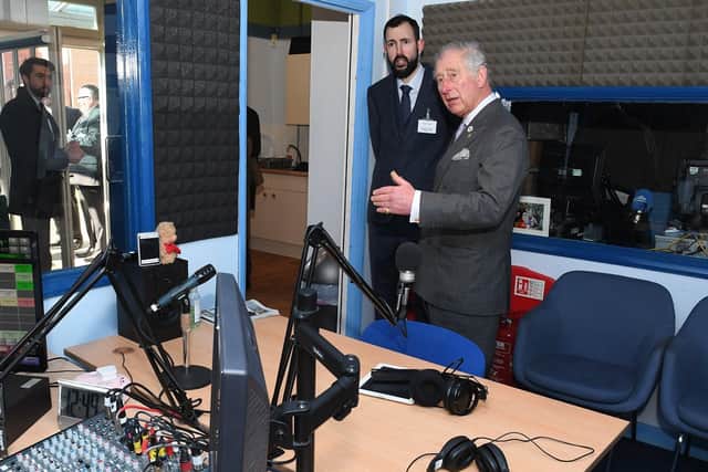 King Charles III - then the Prince of Wales - with Dylan Taylor at Endeavour FM's studios in 2018.