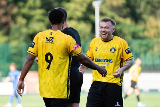 Trinity celebrate Fraser Preston's goal on Satirday. Pic by Tommy Cox.