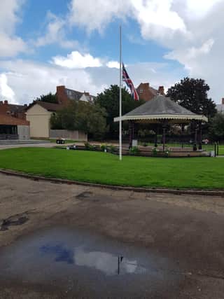 The Union Flag flying at half-mast in Tower Gardens, Skegness.