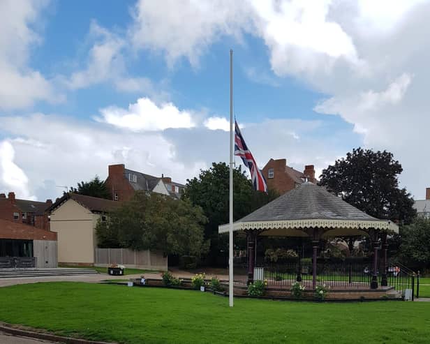 The Union Flag flying at half-mast in Tower Gardens, Skegness.