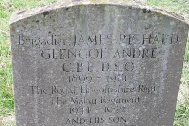 Andre's headstone in Sussex where he retired. His wife and daughter evacuated from Malaya. His son died in Malaya aged just 6.