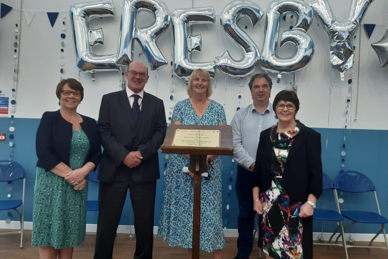 Headteacher Michele Holiday (centre) with VIP guests at the official opening of the new block at The Eresby School, Spilsby.