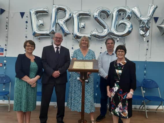 Headteacher Michele Holiday (centre) with VIP guests at the official opening of the new block at The Eresby School, Spilsby.