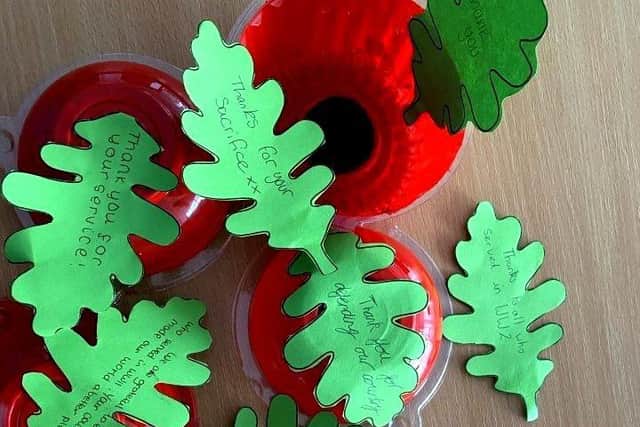 Year 7, 8 and 9 students used recycled muffin cases to craft the poppy tributes