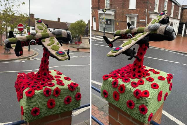 The crocheted Lancaster postbox topper - is now back up in time for Remembrance Day.