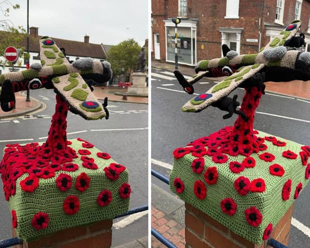 The crocheted Lancaster postbox topper - is now back up in time for Remembrance Day.