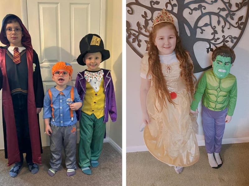 Ollie Williams, eight, as Harry Potter, Koby Love, two, as Blippi, and Riley Williams, six, as Willy Wonka; and Dakota Damms, seven, as Belle, and Oakley Damms, five, as the Hulk.
