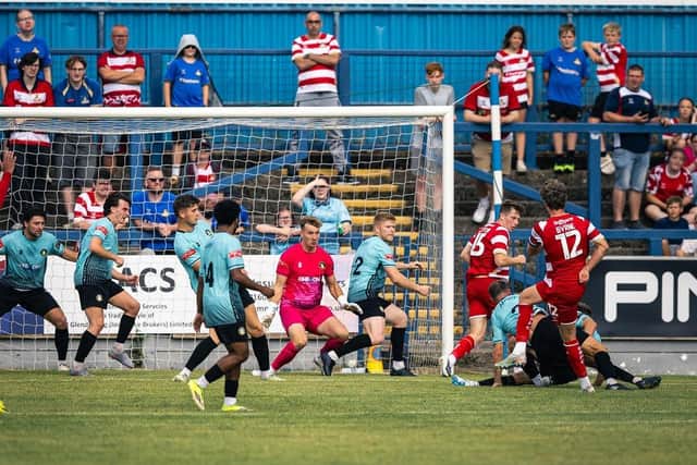 Goalmouth action as Gainsborough Trinity hold EFL Doncaster to a draw on Saturday. Photo by Sean Cook, Foxby Media.