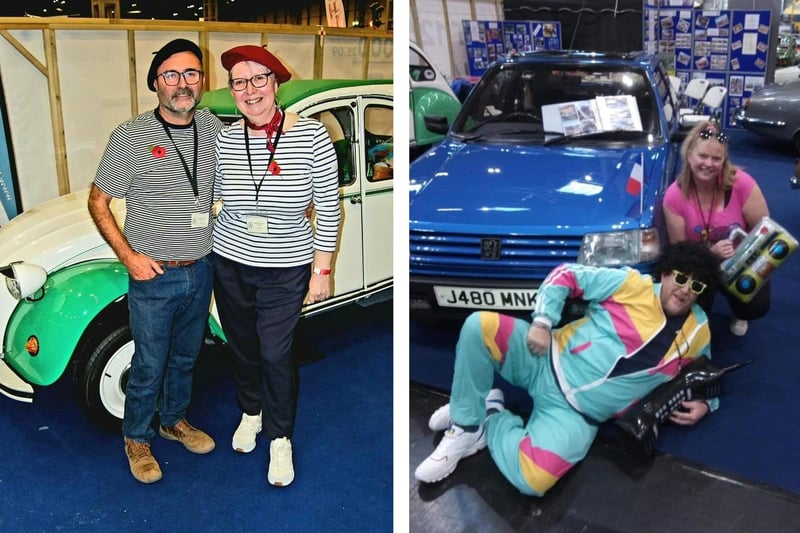 Left: Graham and Julie Lunn with their Citroen 2 CV Dolly. Right: Carl Fravigar and Katie Miller-East by their Peugeot 309 GTI.